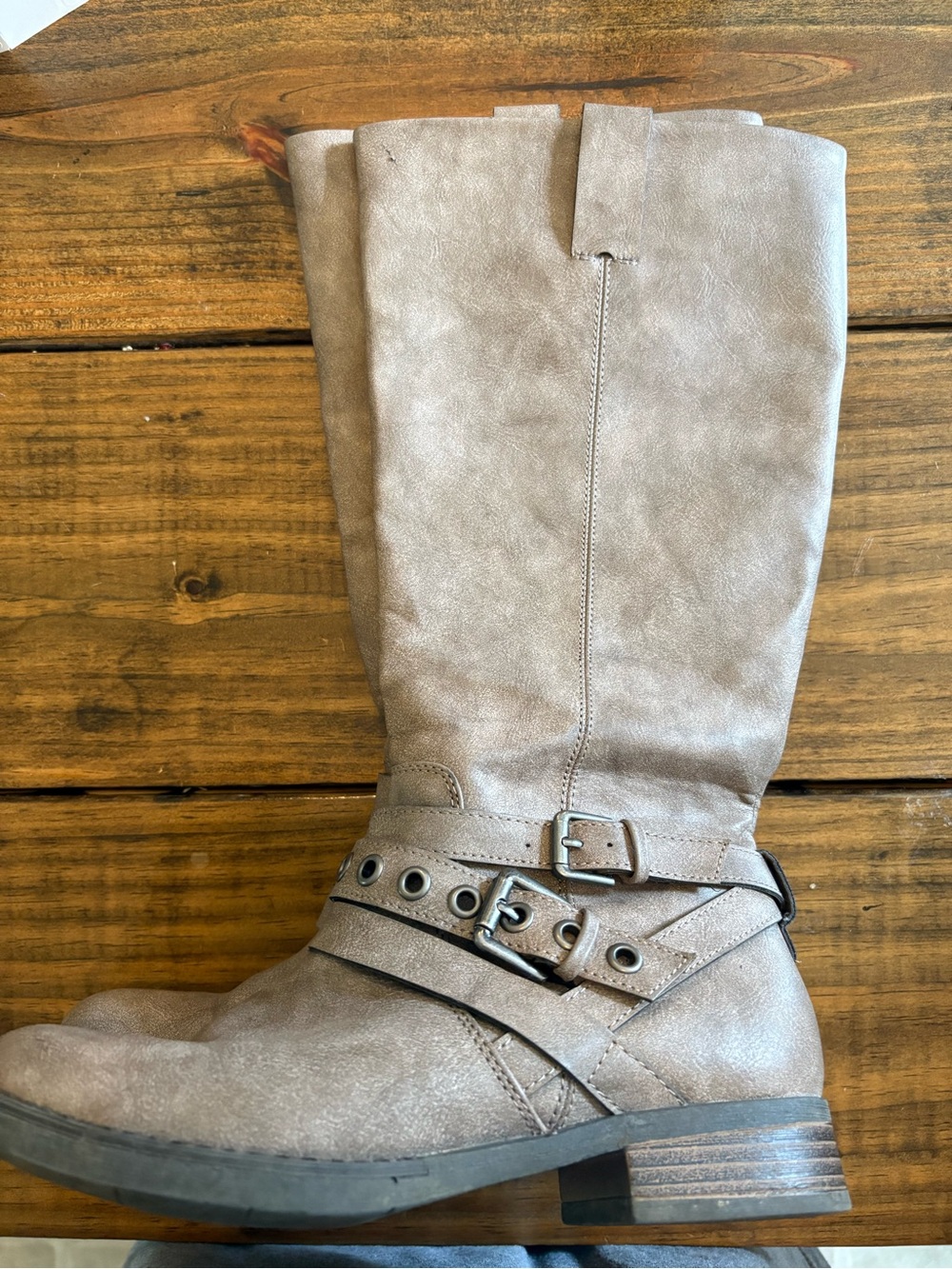 Women's Taupe Mid-Calf Buckle Leather Boots